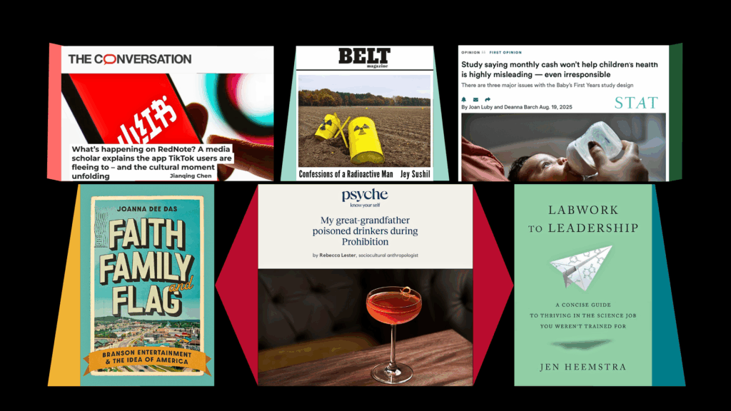 Collage of articles and book covers