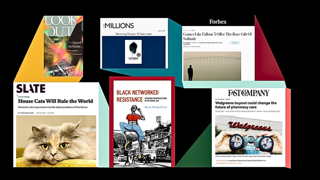 Collage of articles and book covers